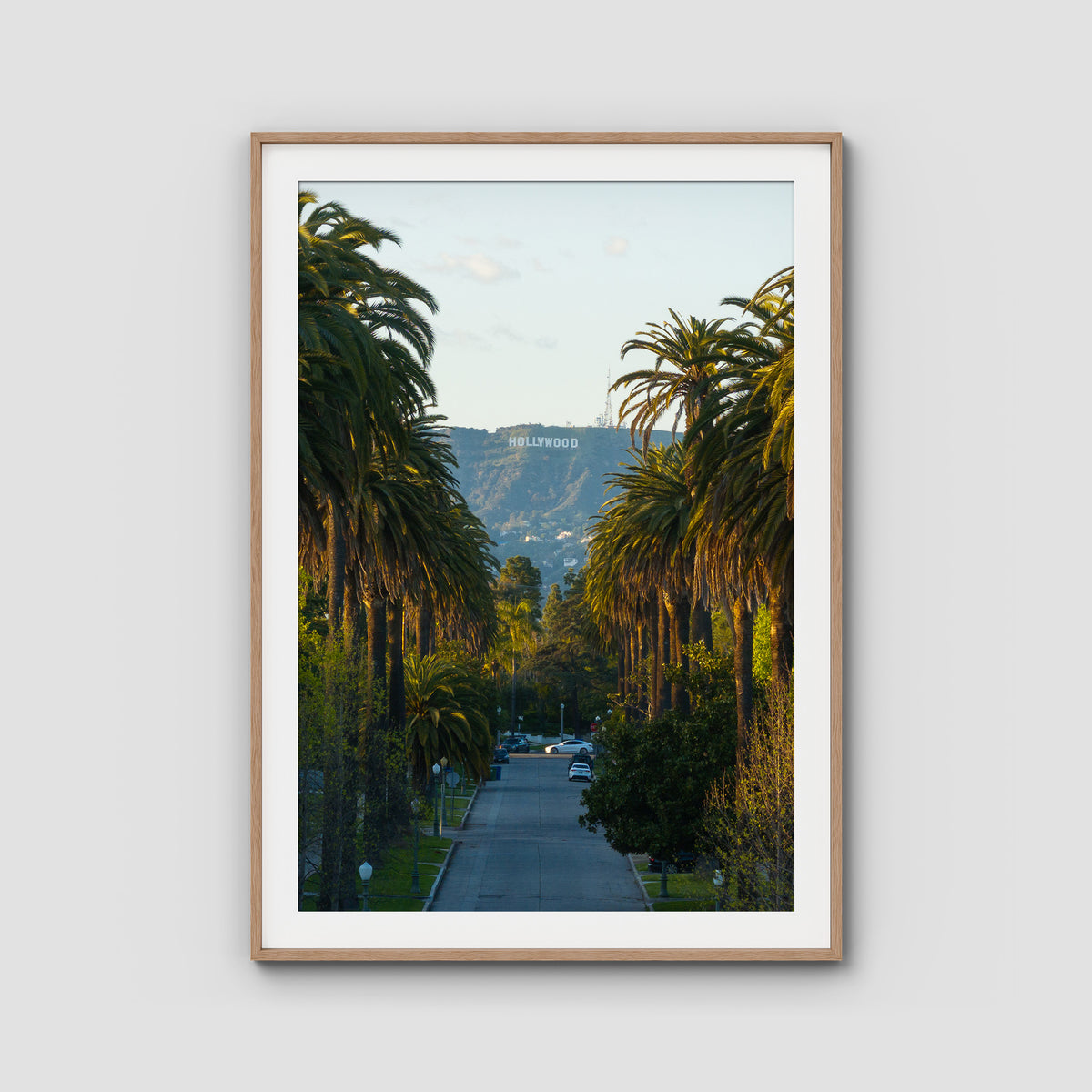 Hollywood Sign Palm Trees - Art Print - Traditional Frame - Raw Oak - Portrait