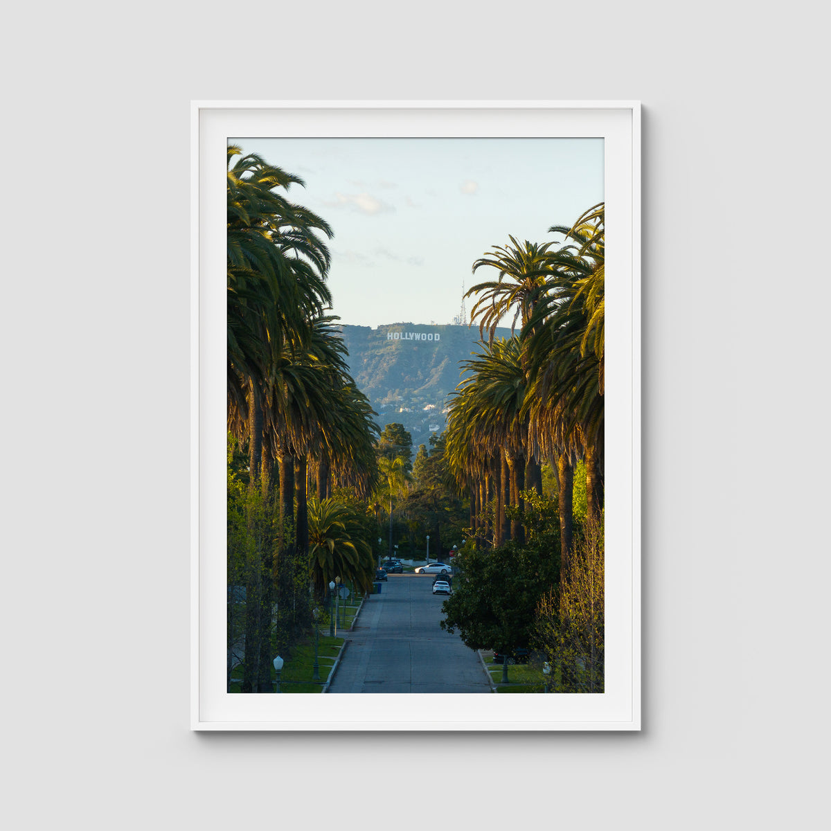 Hollywood Sign Palm Trees - Art Print - Traditional Frame - White - Portrait