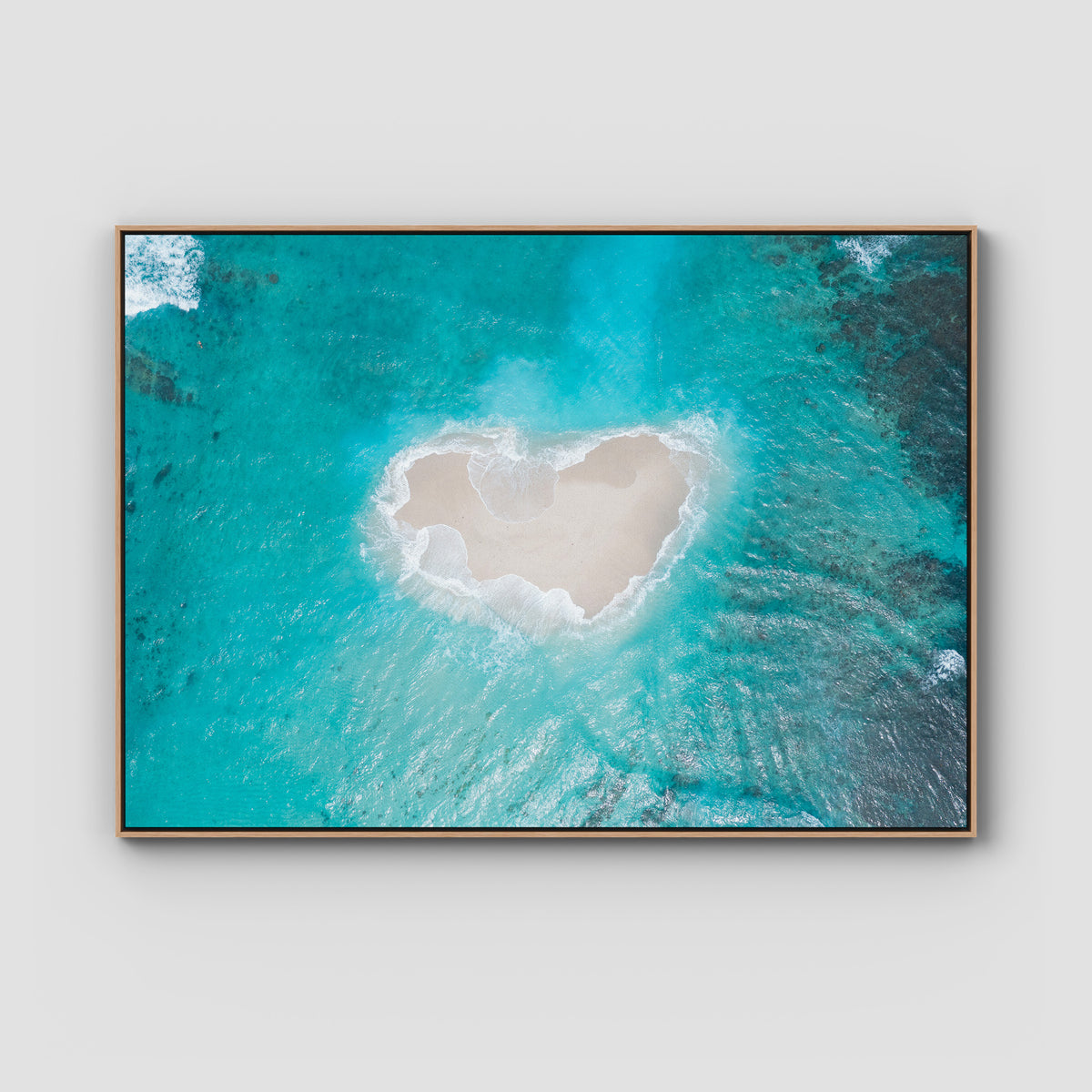 Love Heart Sand Bank - Mentawai - Art Print - Float Frame Canvas - Raw Oak - Landscape