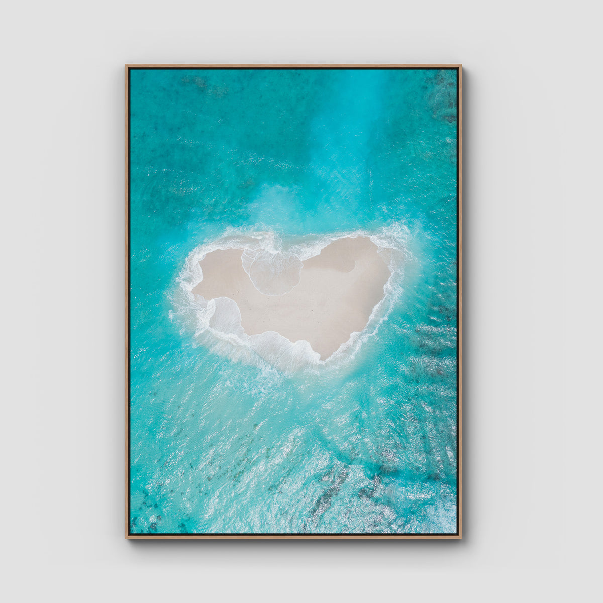 Love Heart Sand Bank - Mentawai - Art Print - Float Frame Canvas - Raw Oak - Portrait