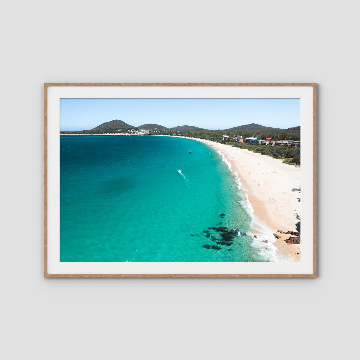 Shoal Bay Beach - Port Stephens - Art Print - Traditional Frame - Raw Oak - Landscape