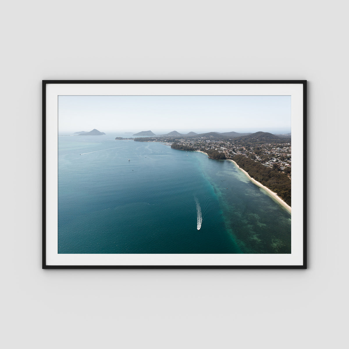 Port Stephens High Aerial - Art Print - Traditional Frame - Black - Landscape