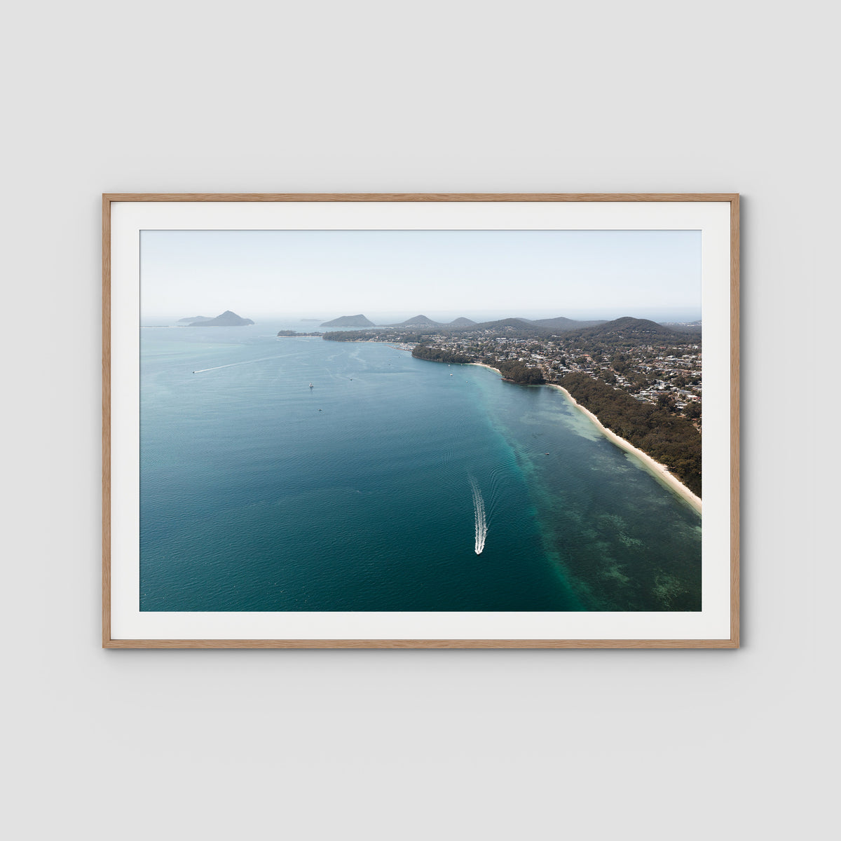 Port Stephens High Aerial - Art Print - Traditional Frame - Raw Oak - Landscape