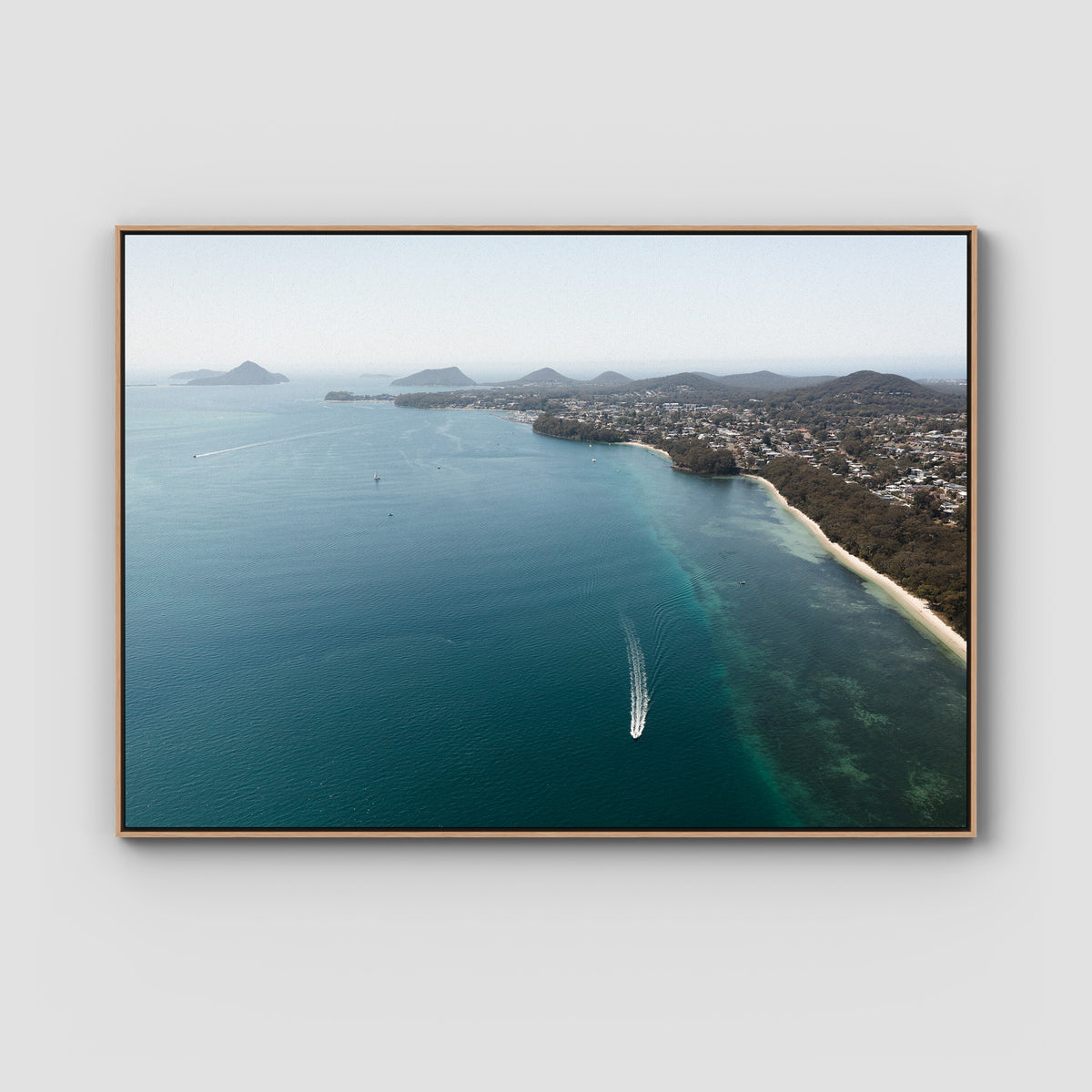 Port Stephens High Aerial - Art Print - Float Frame Canvas - Raw Oak - Landscape