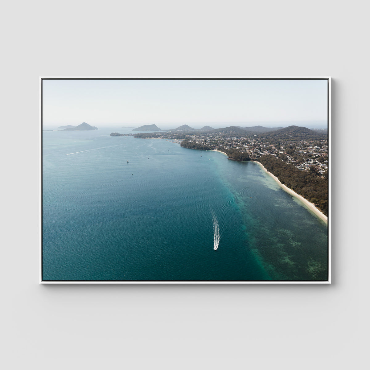 Port Stephens High Aerial - Art Print - Float Frame Canvas - White - Landscape