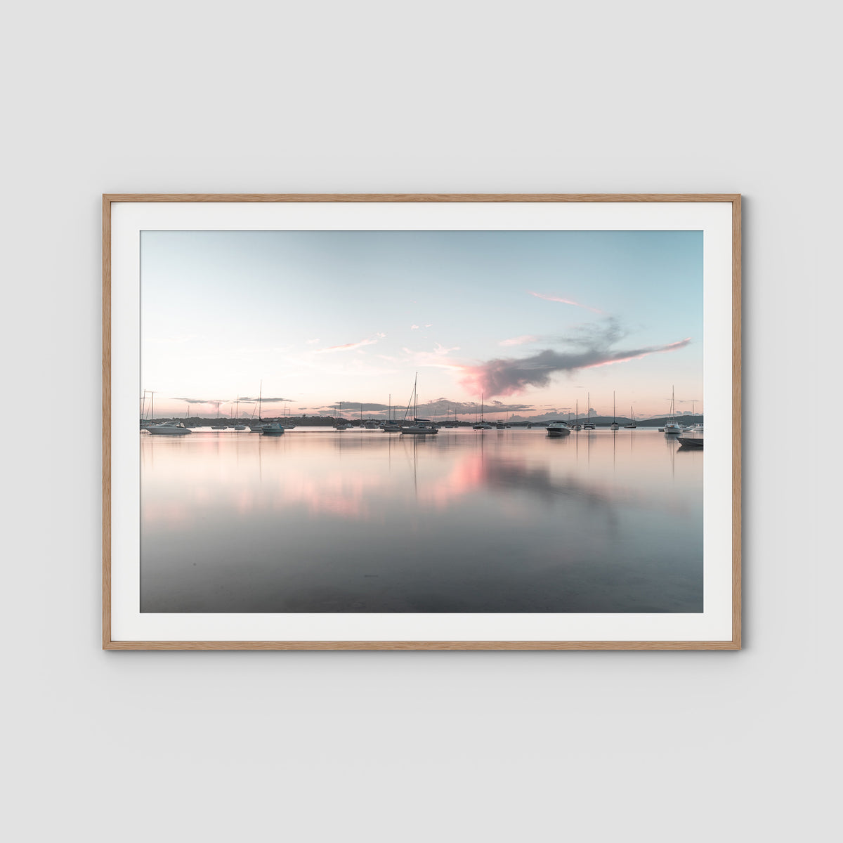 Corlette Boats Sunset - Port Stephens - Art Print - Traditional Frame - Raw Oak - Landscape