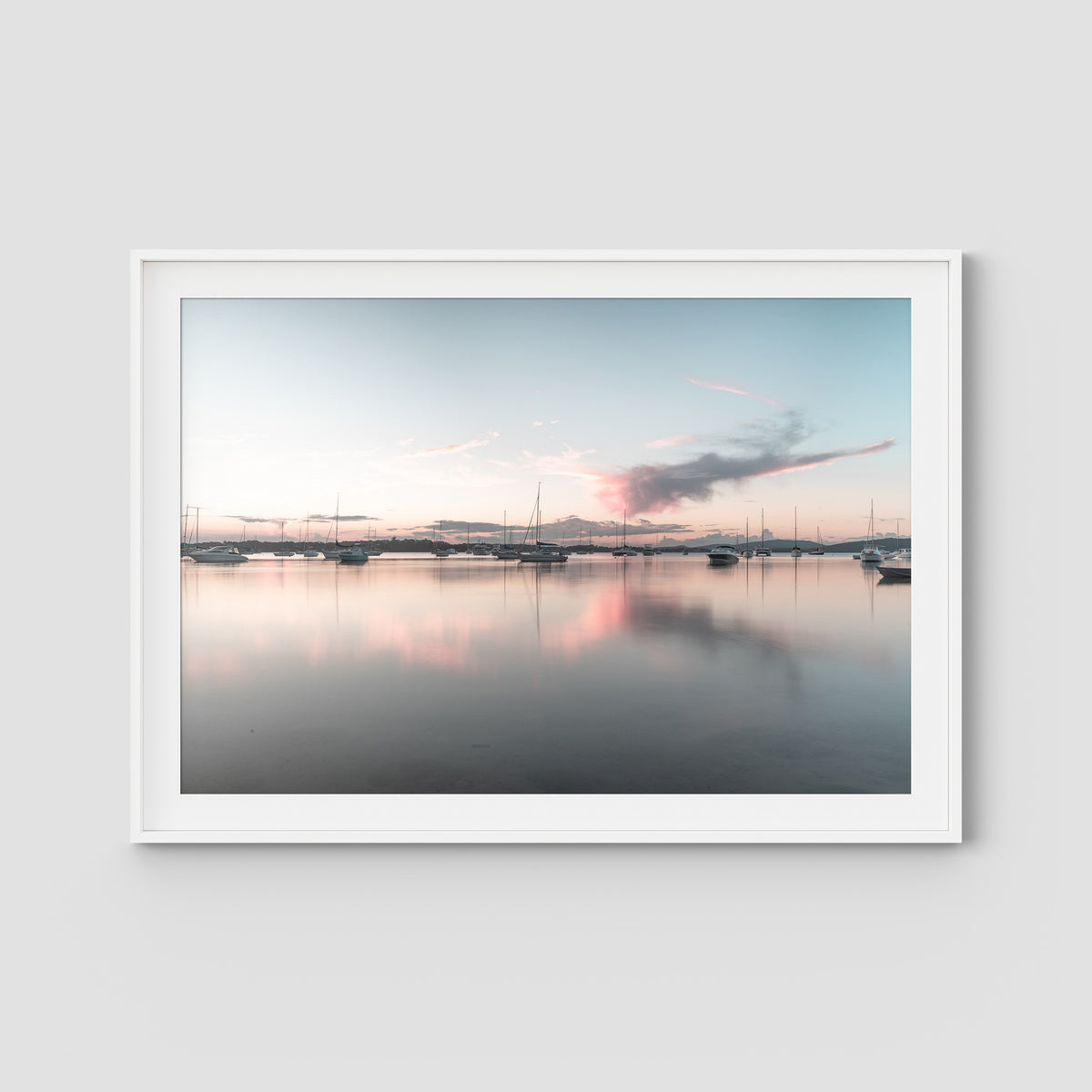 Corlette Boats Sunset - Port Stephens - Art Print - Traditional Frame - White - Landscape