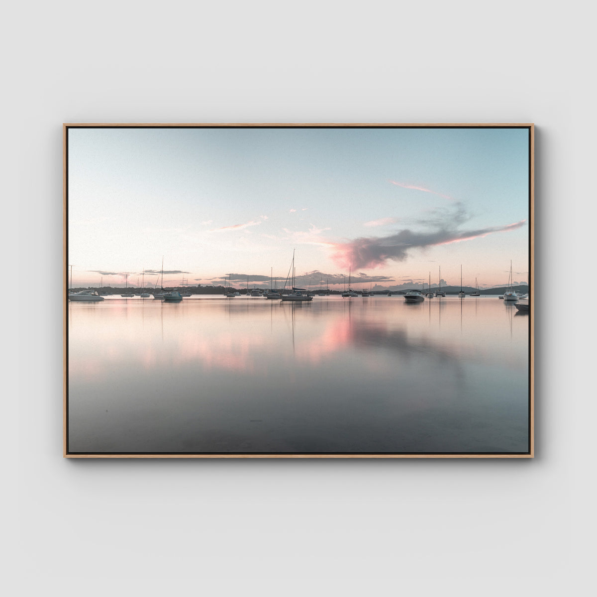 Corlette Boats Sunset - Port Stephens - Art Print - Float Frame Canvas - Raw Oak - Landscape
