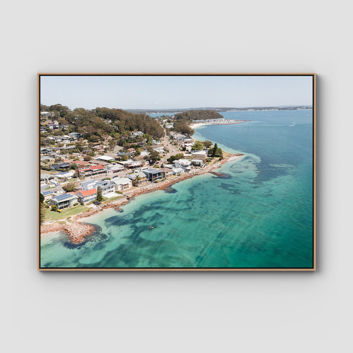 Corlette Aerial - Port Stephens - Art Print - Float Frame Canvas - Raw Oak - Landscape