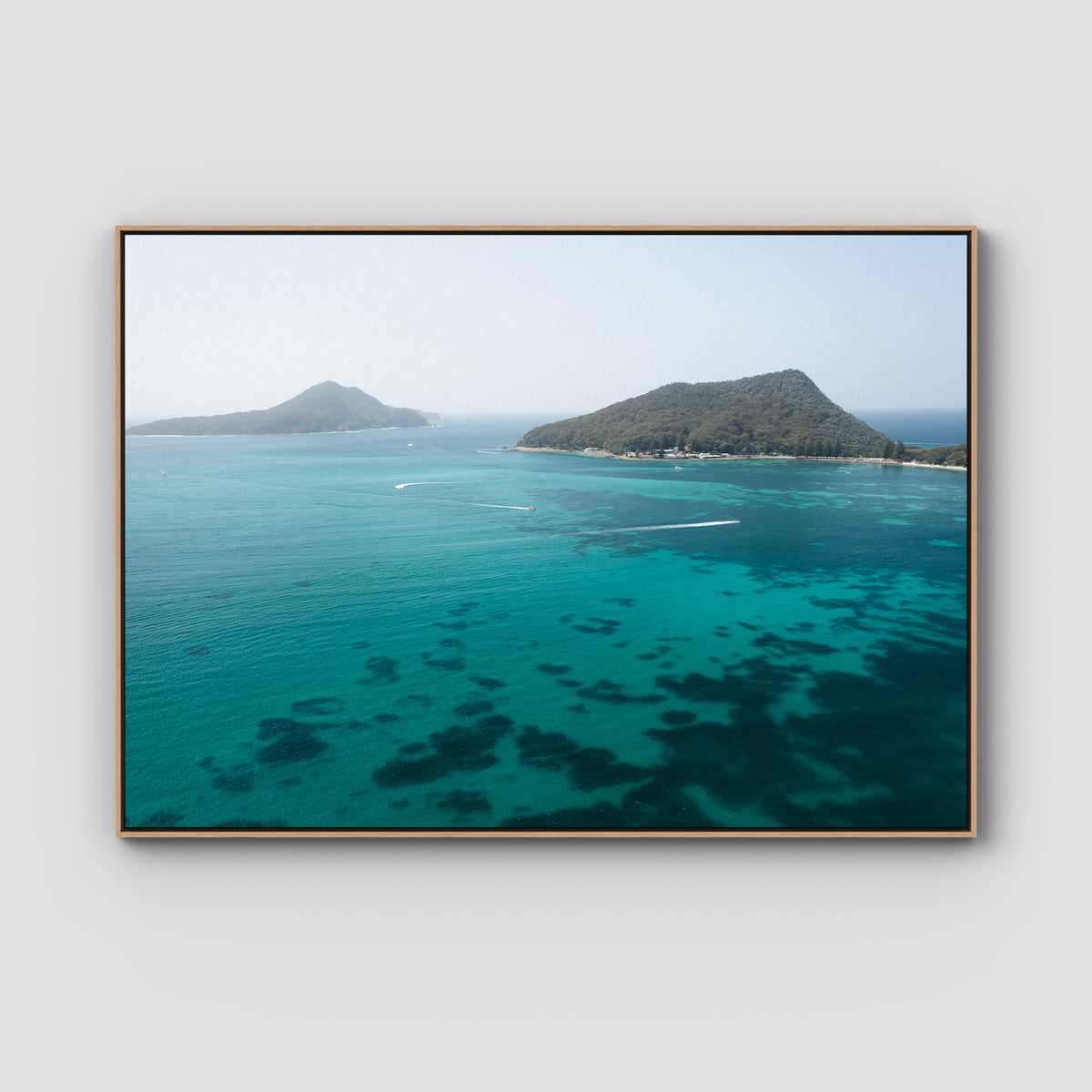 Shoal Bay Blues - Port Stephens - Art Print - Float Frame Canvas - Raw Oak - Landscape