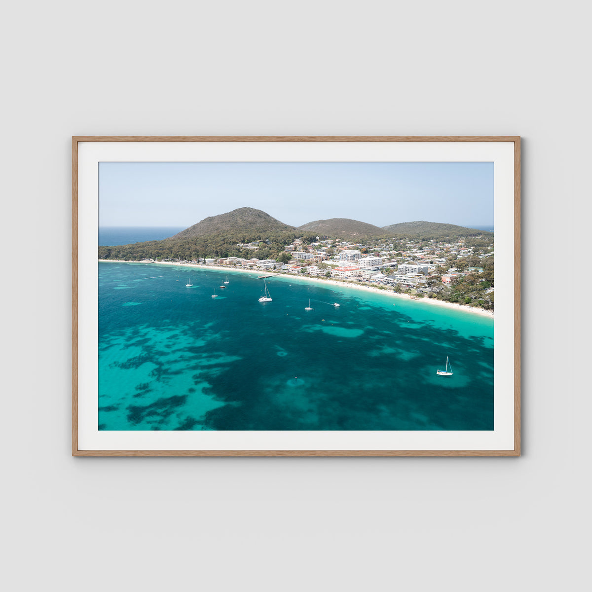 Shoal Bay CBD - Port Stephens - Art Print - Traditional Frame - Raw Oak - Landscape
