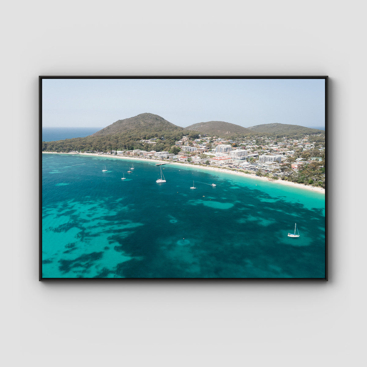 Shoal Bay CBD - Port Stephens - Art Print - Float Frame Canvas - Black - Landscape