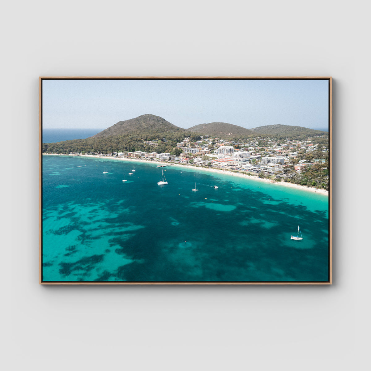 Shoal Bay CBD - Port Stephens - Art Print - Float Frame Canvas - Raw Oak - Landscape