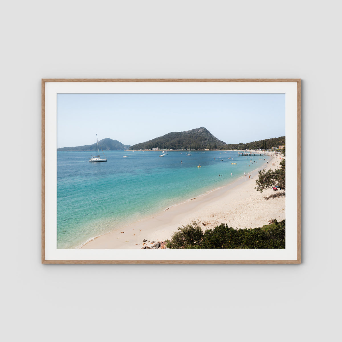 Shoal Bay Beach View - Port Stephens - Art Print - Traditional Frame - Raw Oak - Landscape