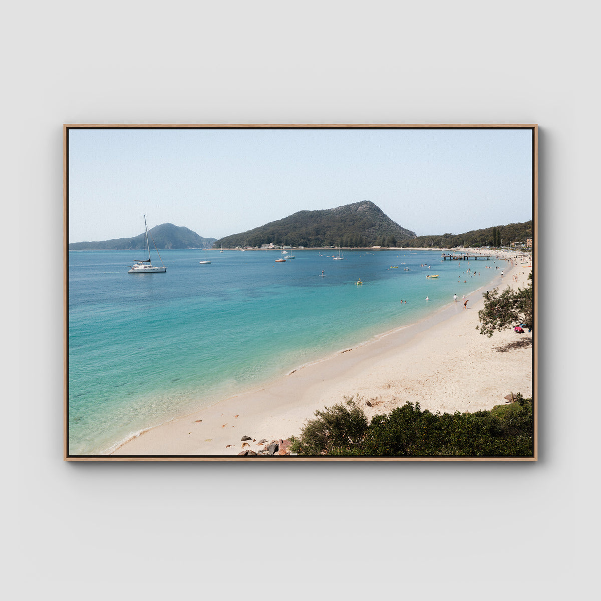 Shoal Bay Beach View - Port Stephens - Art Print - Float Frame Canvas - Raw Oak - Landscape