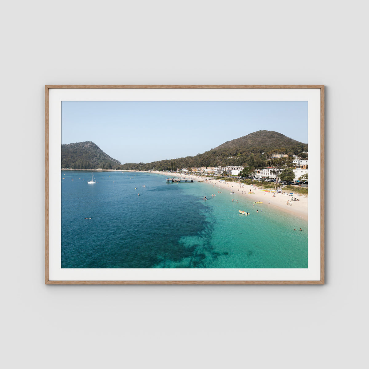 Shoal Bay Fun - Port Stephens - Art Print - Traditional Frame - Raw Oak - Landscape