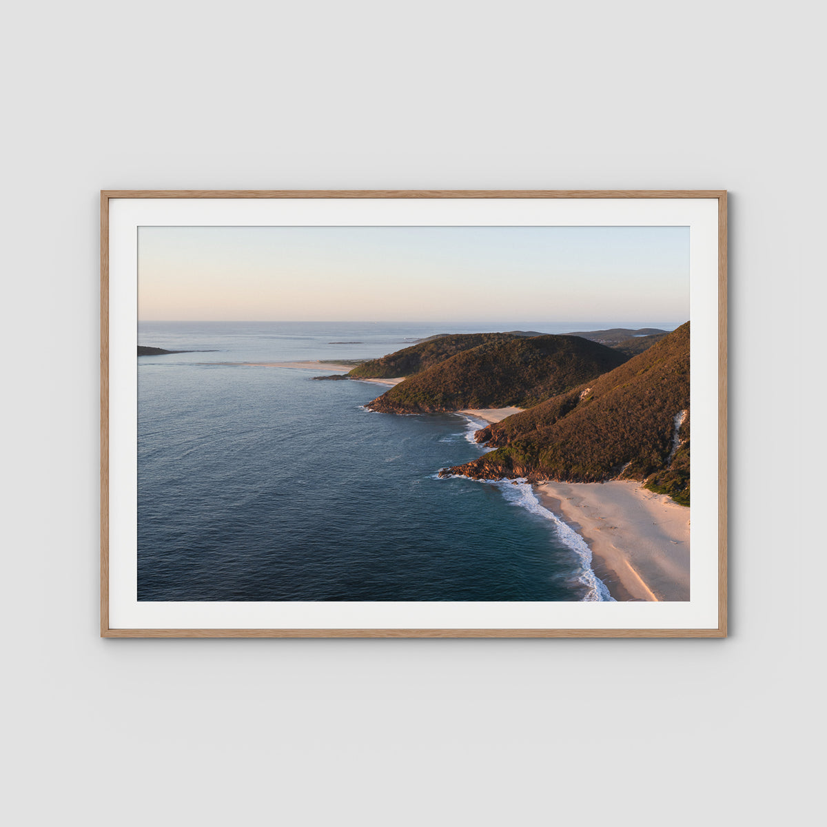 Tomaree Lookout Panorama - Port Stephens - Art Print - Traditional Frame - Raw Oak - Landscape