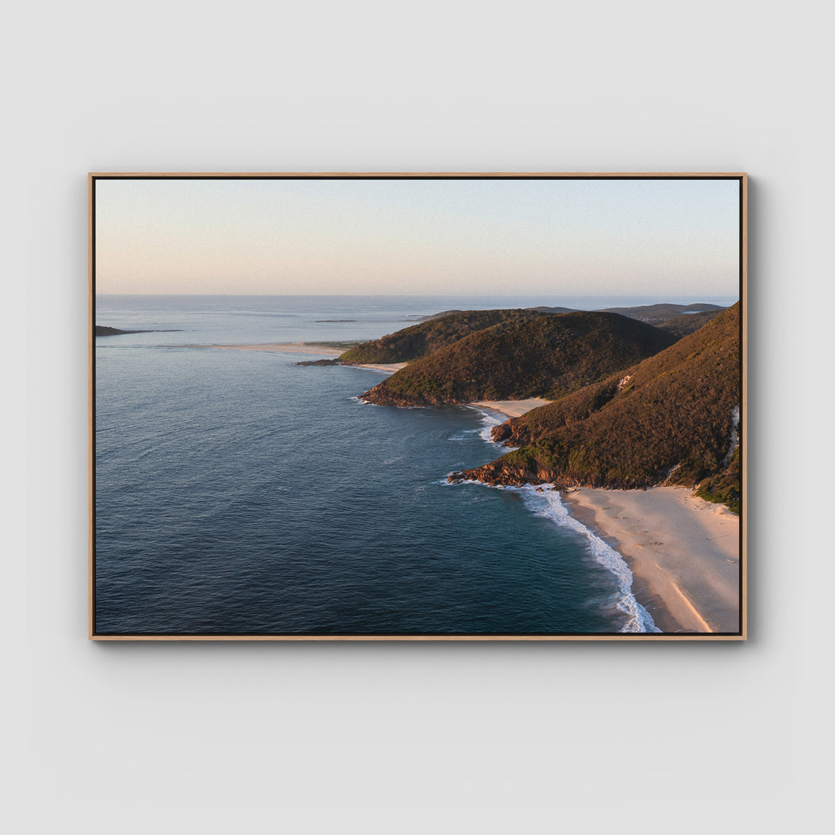 Tomaree Lookout Panorama - Port Stephens - Art Print - Float Frame Canvas - Raw Oak - Landscape