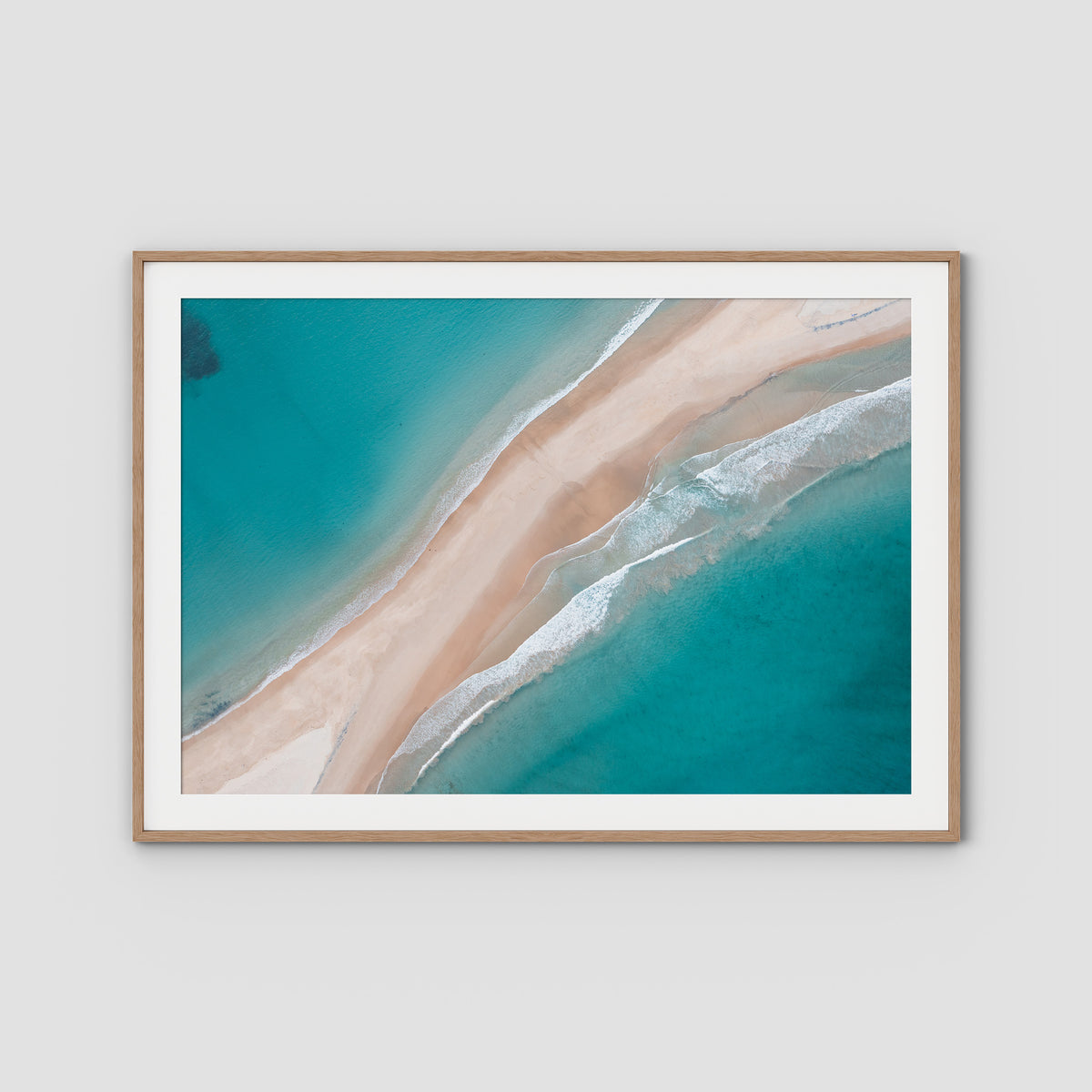 Fingal Spit Top Down - Port Stephens - Art Print - Traditional Frame - Raw Oak - Landscape