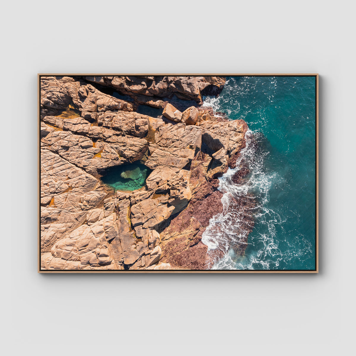 Secret Rockpool Top Down - Port Stephens - Art Print - Float Frame Canvas - Raw Oak - Landscape