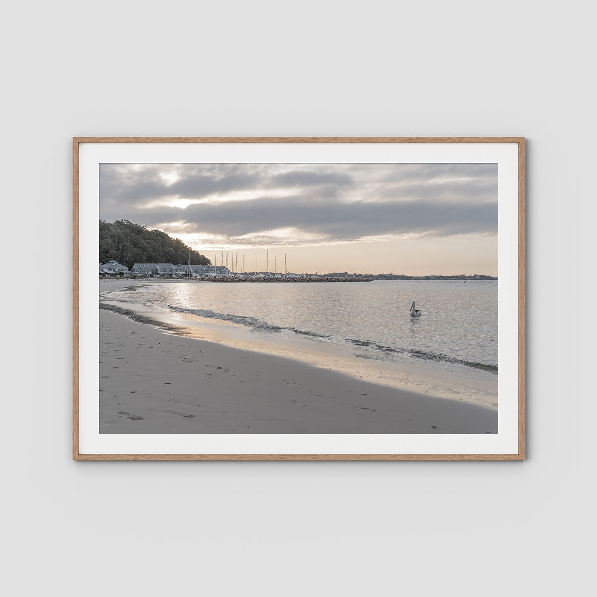 The Anchorage Corlette Sunset - Port Stephens - Art Print - Traditional Frame - Raw Oak - Landscape