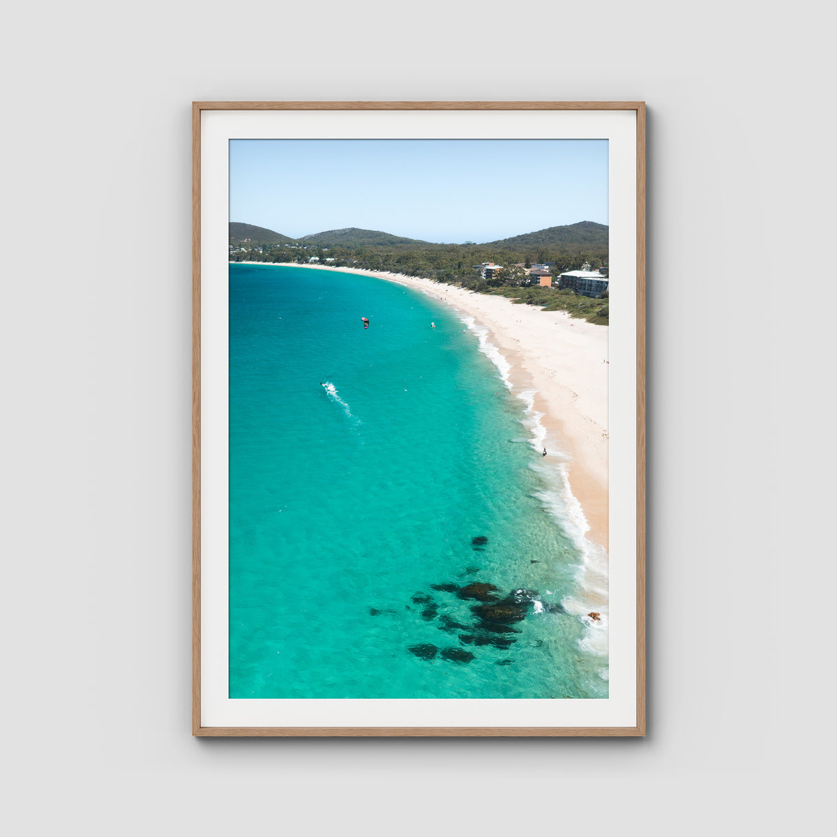 Shoal Bay Beach - Port Stephens - Art Print - Traditional Frame - Raw Oak - Portrait