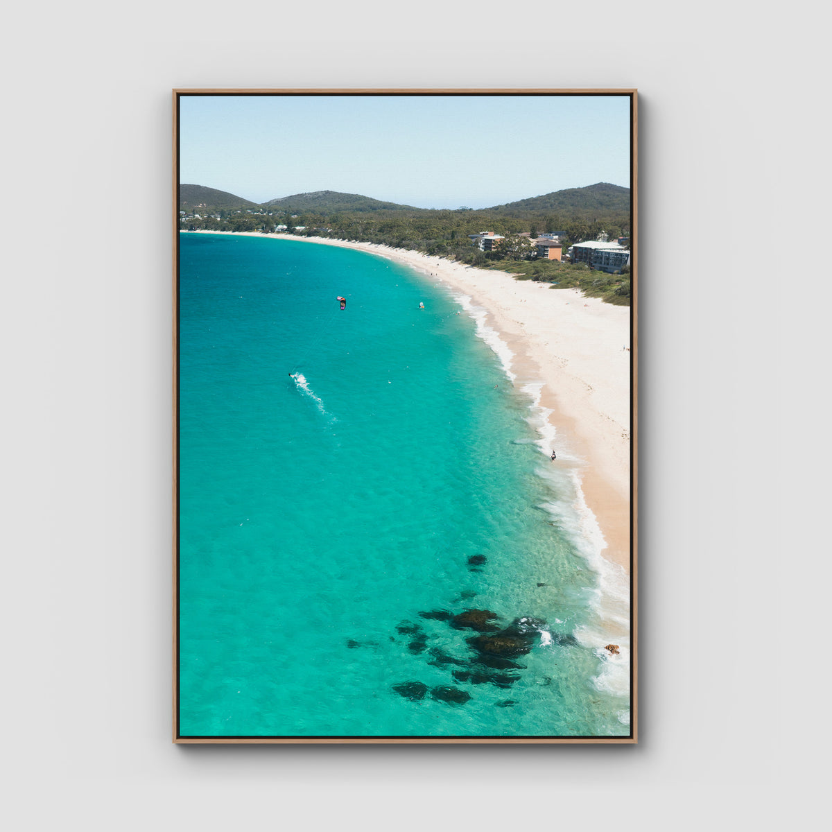 Shoal Bay Beach - Port Stephens - Art Print - Float Frame Canvas - Raw Oak - Portrait