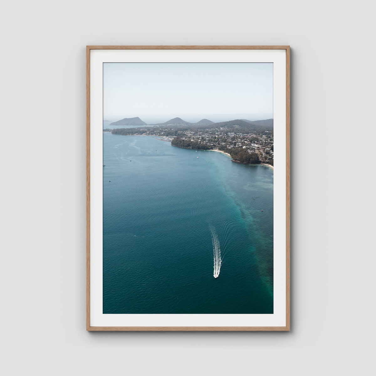Port Stephens High Aerial - Art Print - Traditional Frame - Raw Oak - Portrait