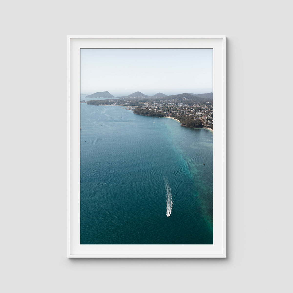 Port Stephens High Aerial - Art Print - Traditional Frame - White - Portrait