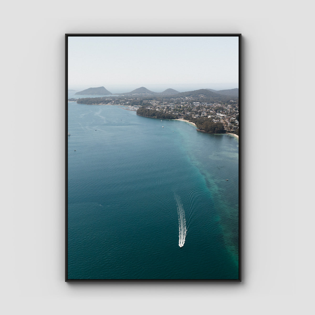 Port Stephens High Aerial - Art Print - Float Frame Canvas - Black - Portrait