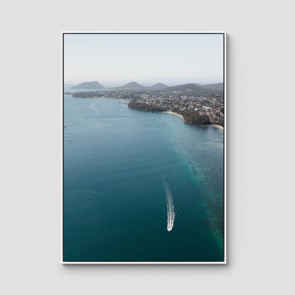 Port Stephens High Aerial - Art Print - Float Frame Canvas - White - Portrait