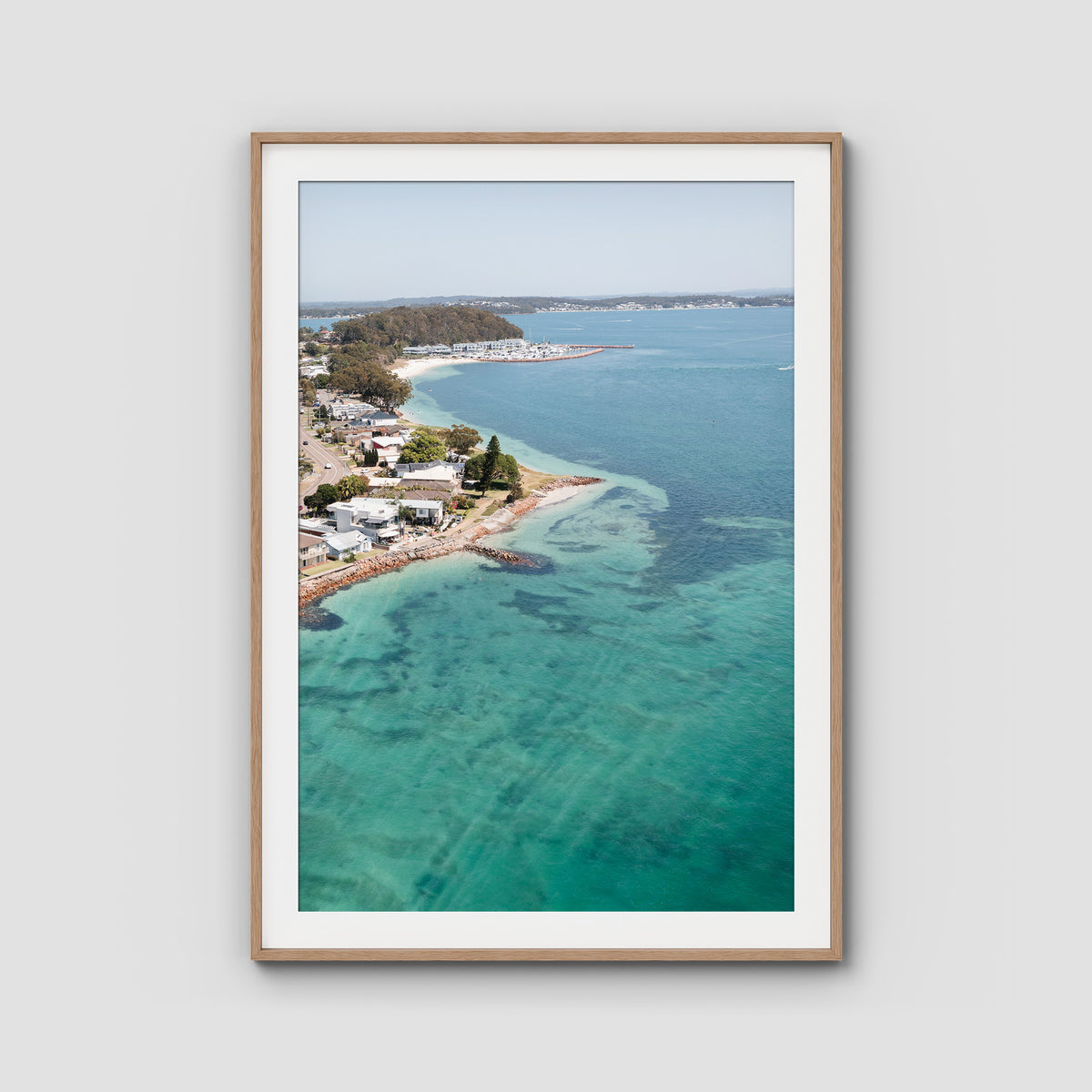 Corlette Aerial - Port Stephens - Art Print - Traditional Frame - Raw Oak - Portrait