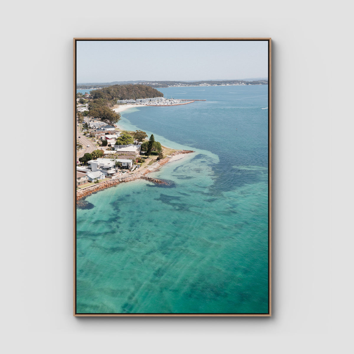 Corlette Aerial - Port Stephens - Art Print - Float Frame Canvas - Raw Oak - Portrait