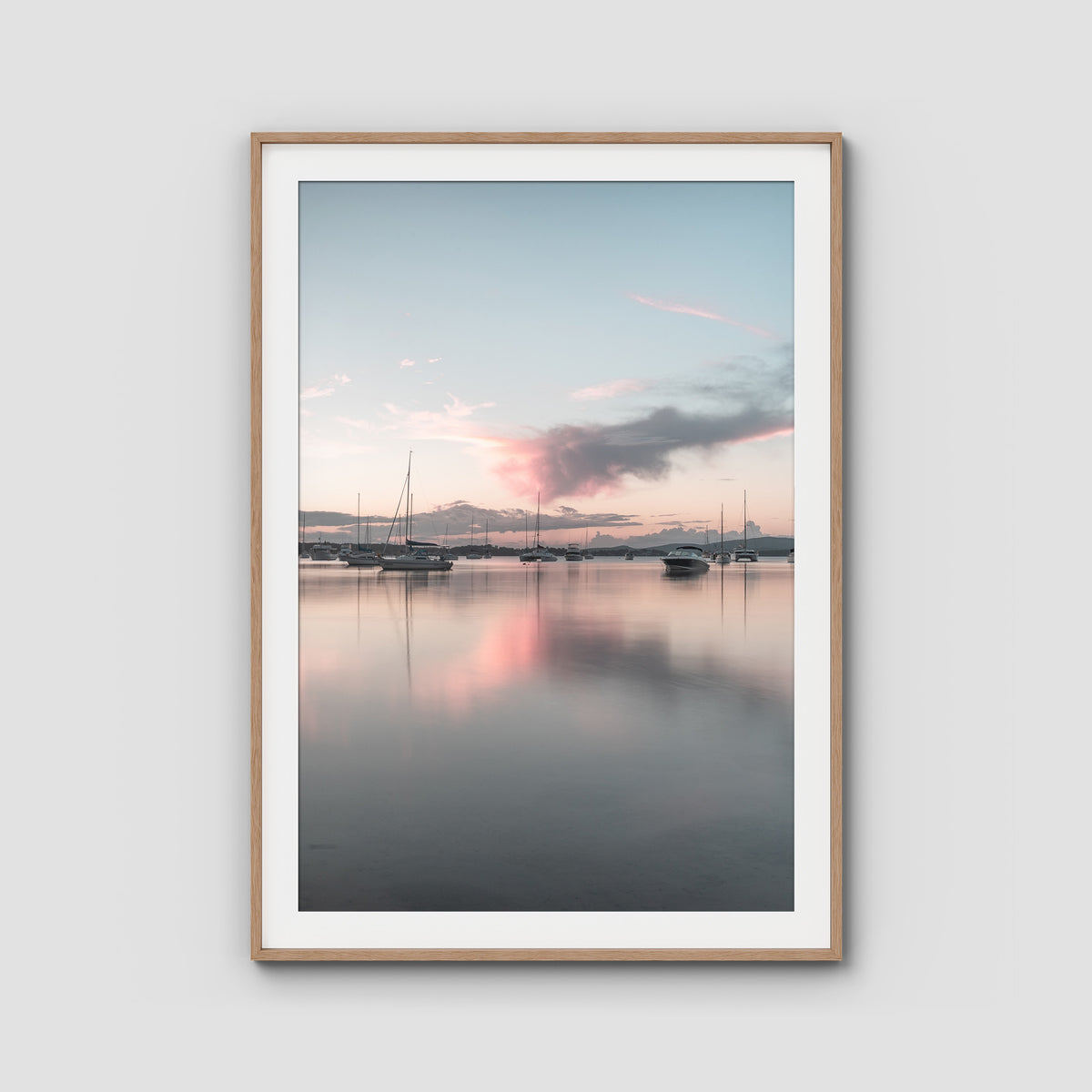 Corlette Boats Sunset - Port Stephens - Art Print - Traditional Frame - Raw Oak - Portrait