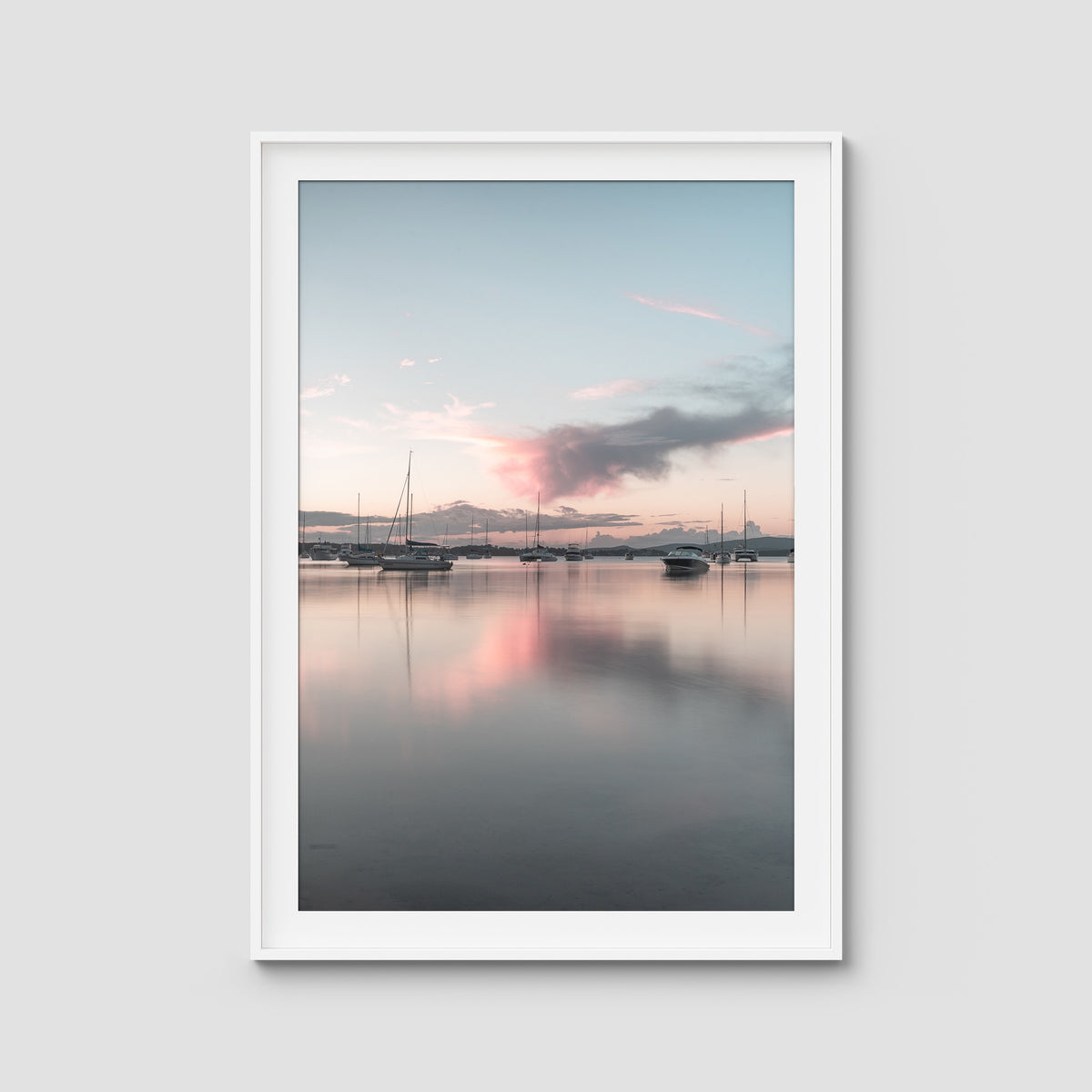 Corlette Boats Sunset - Port Stephens - Art Print - Traditional Frame - White - Portrait