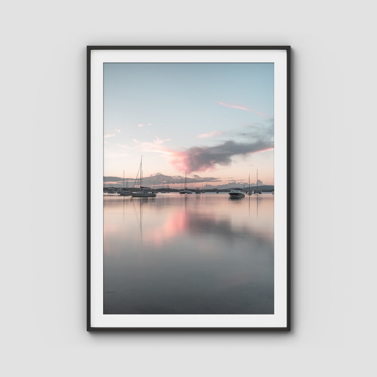 Corlette Boats Sunset - Port Stephens - Art Print - Traditional Frame - Black - Portrait