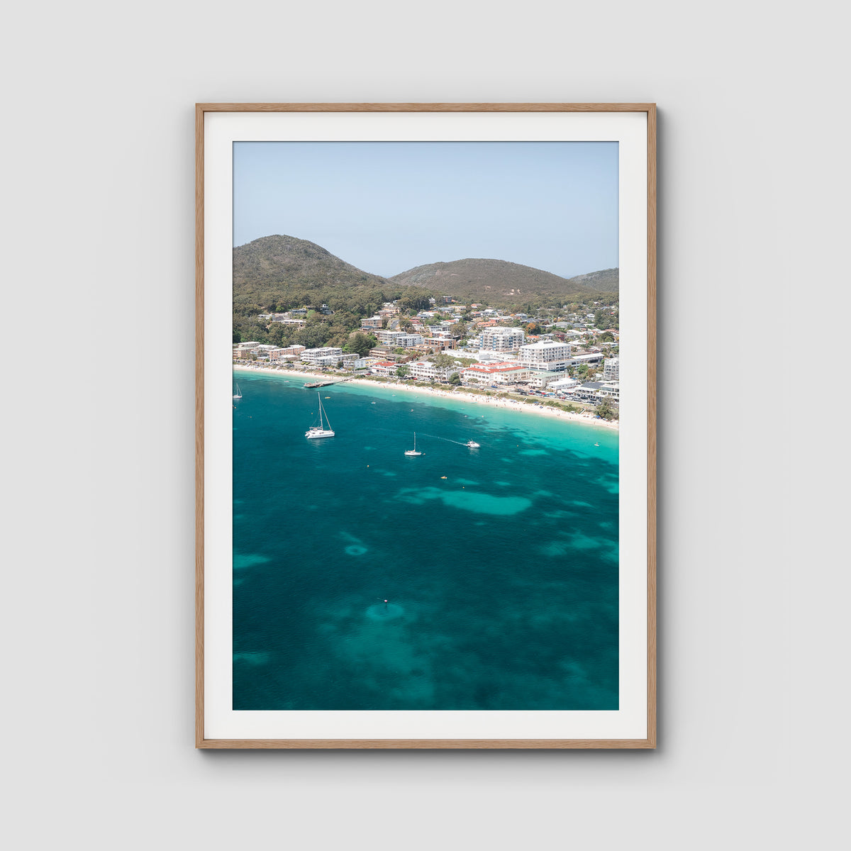 Shoal Bay CBD - Port Stephens - Art Print - Traditional Frame - Raw Oak - Portrait