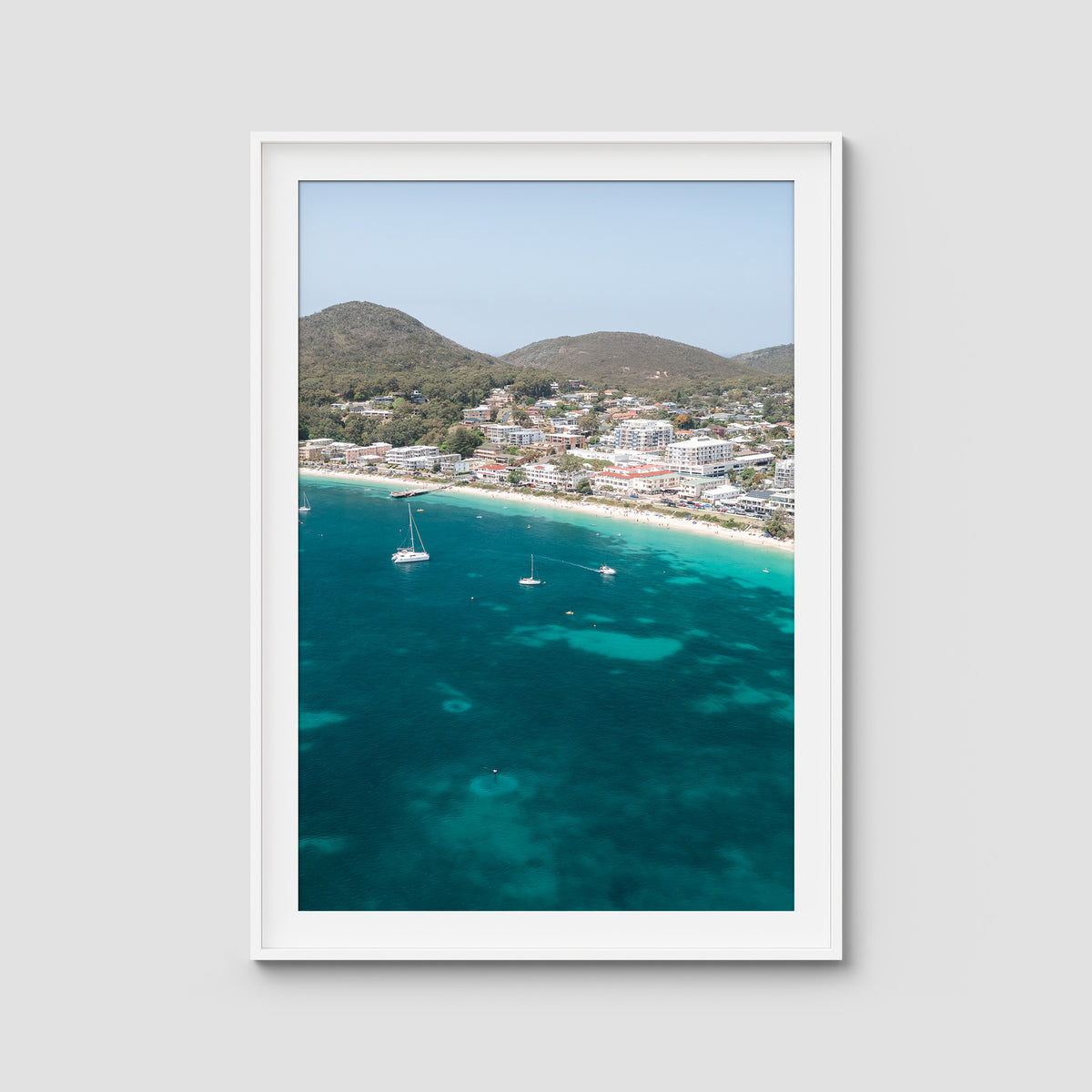 Shoal Bay CBD - Port Stephens - Art Print - Traditional Frame - White - Portrait