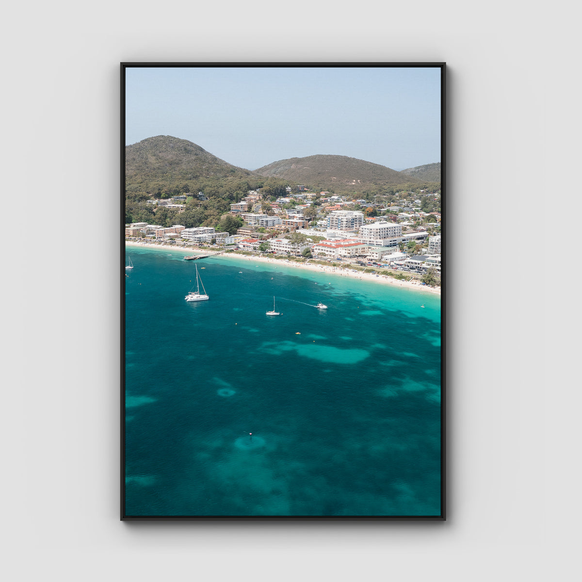 Shoal Bay CBD - Port Stephens - Art Print - Float Frame Canvas - Black - Portrait