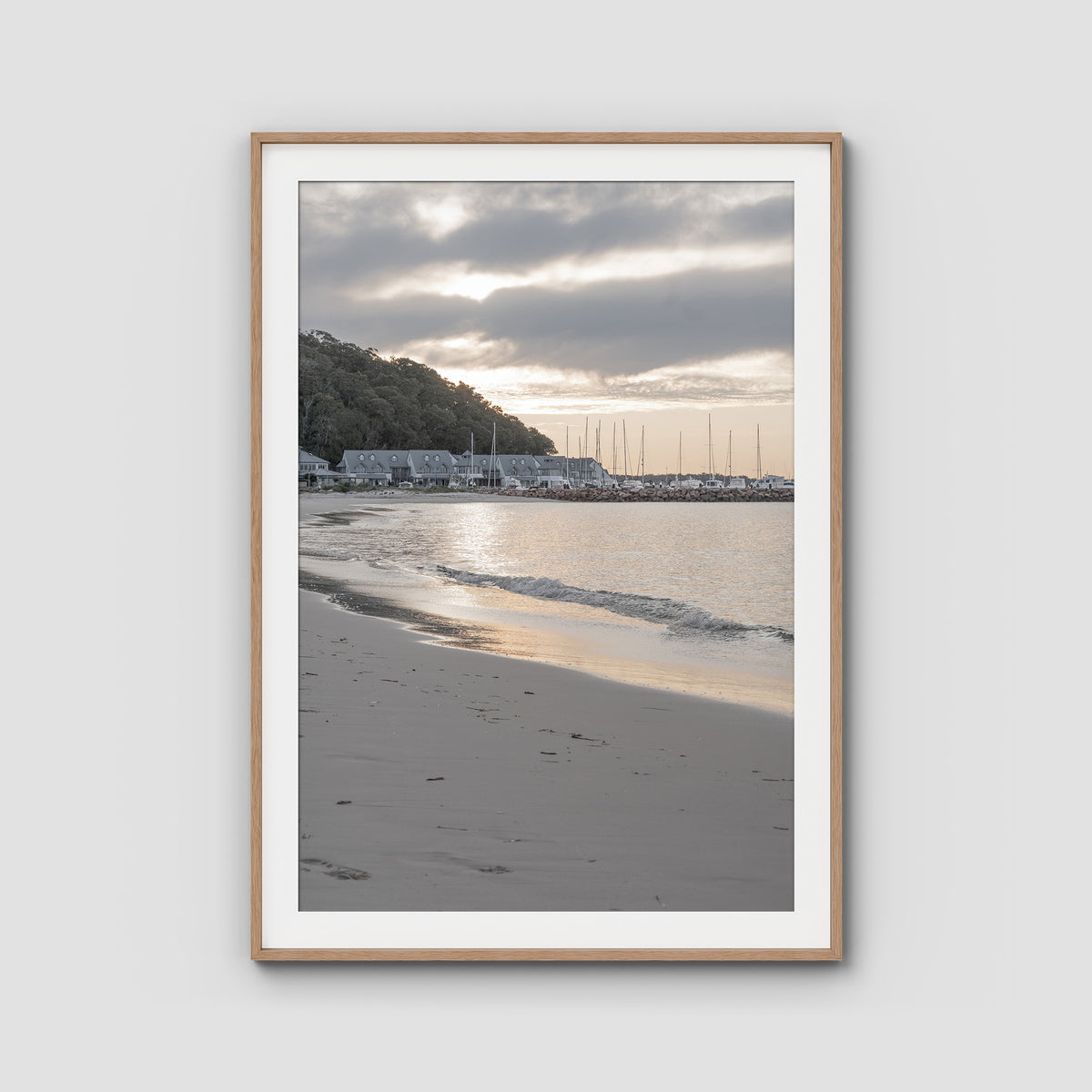 The Anchorage Corlette Sunset - Port Stephens - Art Print - Traditional Frame - Raw Oak - Portrait