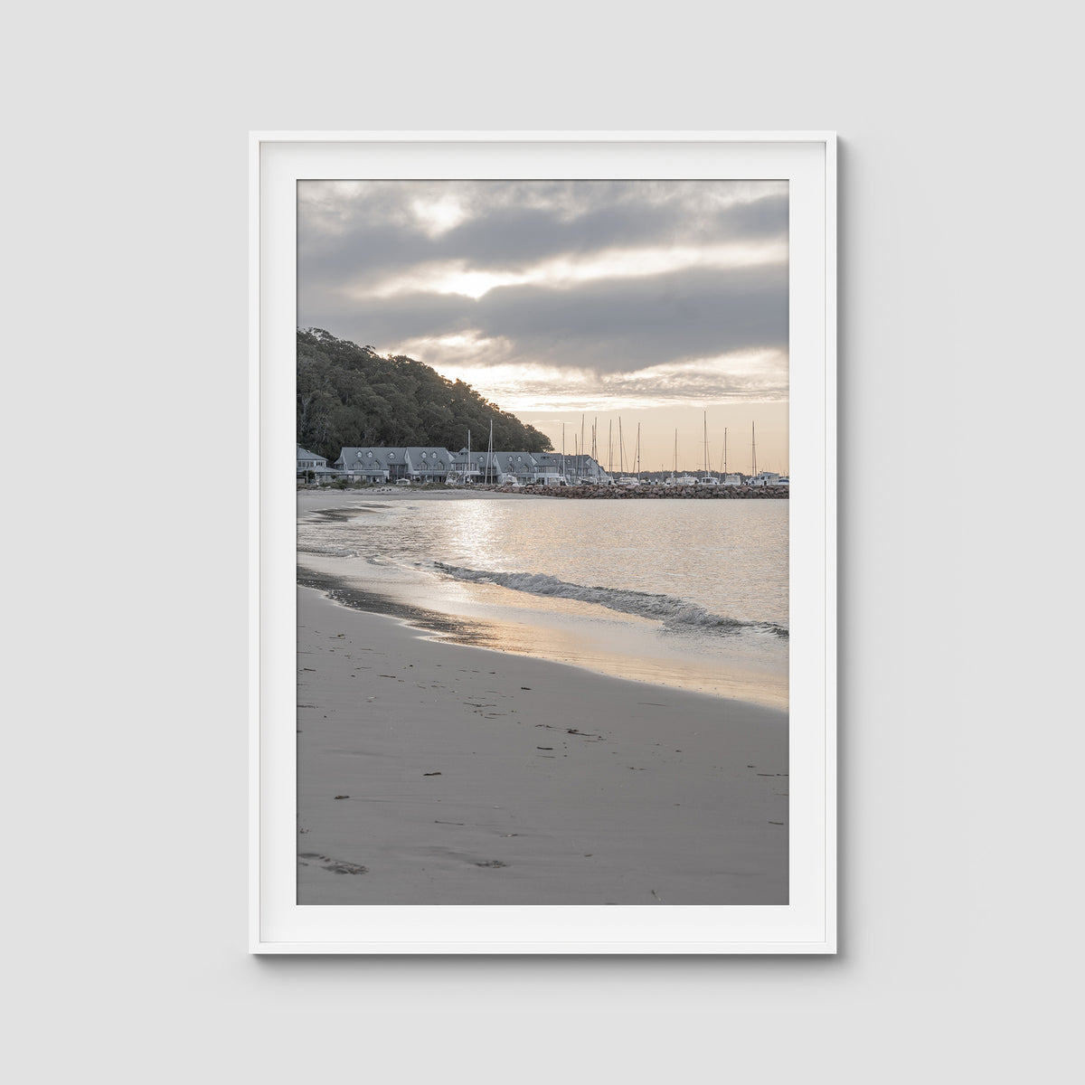 The Anchorage Corlette Sunset - Port Stephens - Art Print - Traditional Frame - White - Portrait