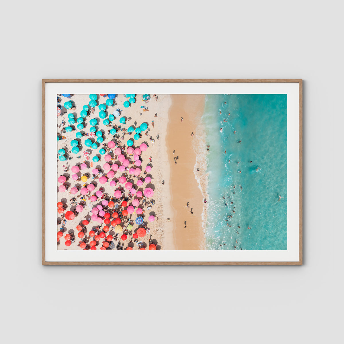 Ipanema Beach – Candy Umbrella Aerial Print - Traditional Frame - Raw Oak - Landscape