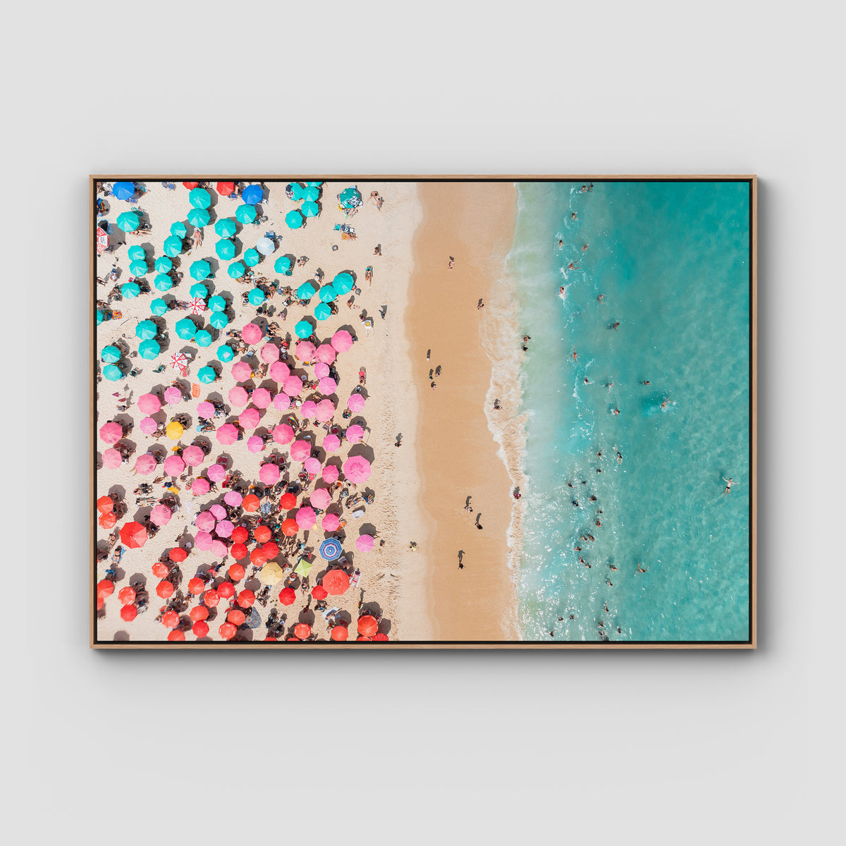 Ipanema Beach – Candy Umbrella Aerial Print - Float Frame Canvas - Raw Oak - Landscape