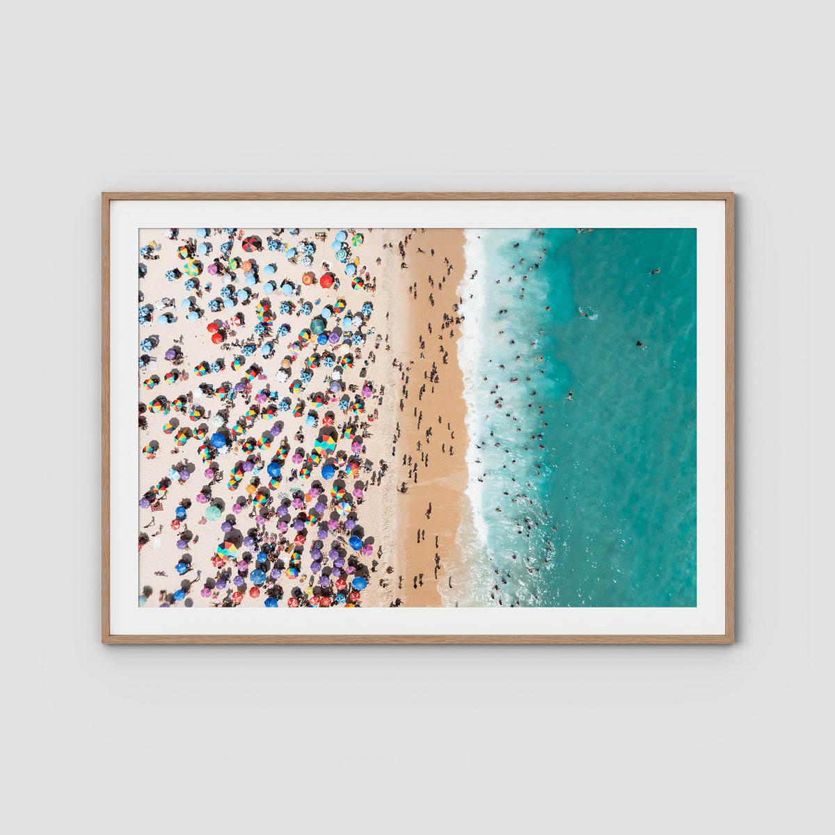 Ipanema Mosaic – Umbrella Rhythm from Above Print - Traditional Frame - Raw Oak - Landscape