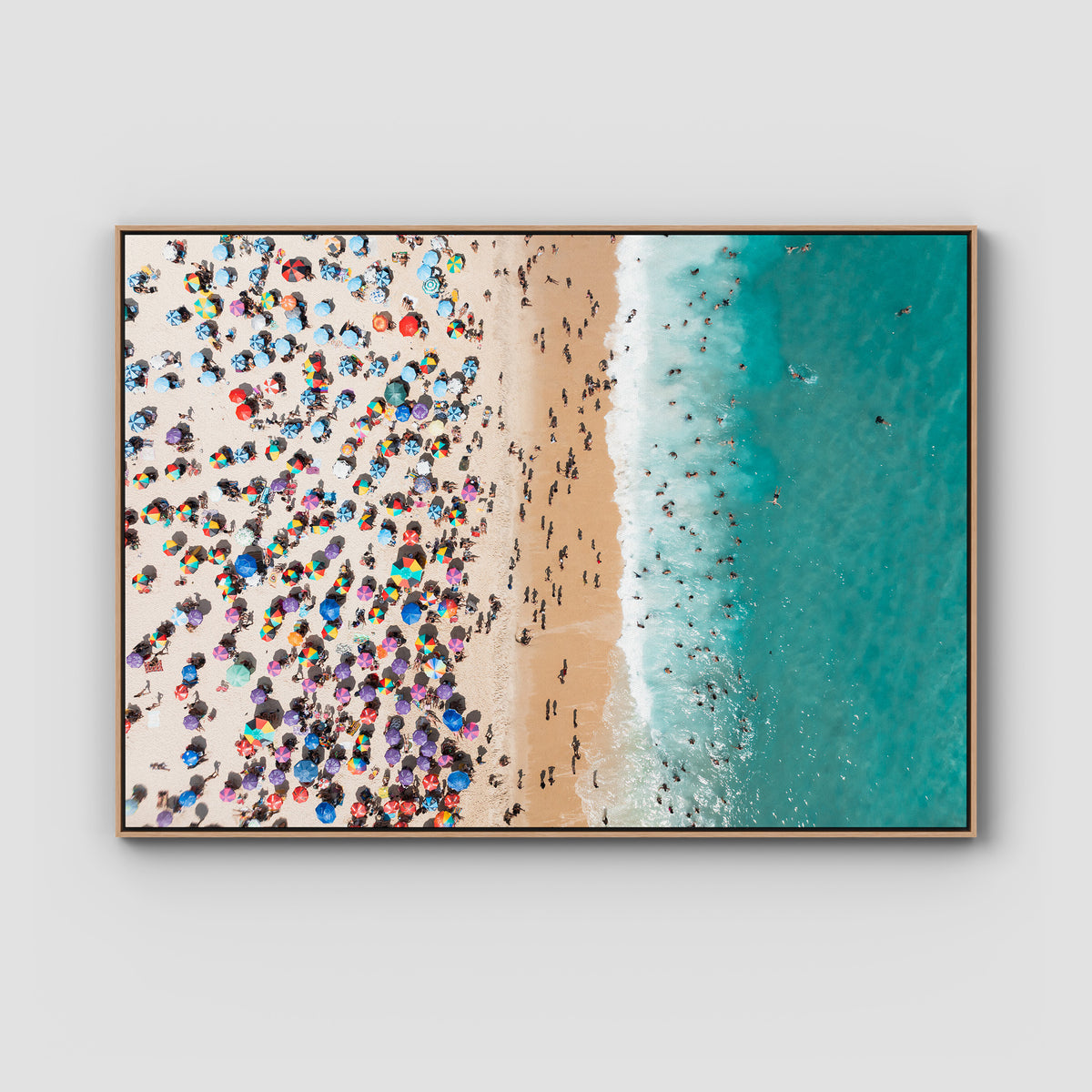 Ipanema Mosaic – Umbrella Rhythm from Above Print - Float Frame Canvas - Raw Oak - Landscape