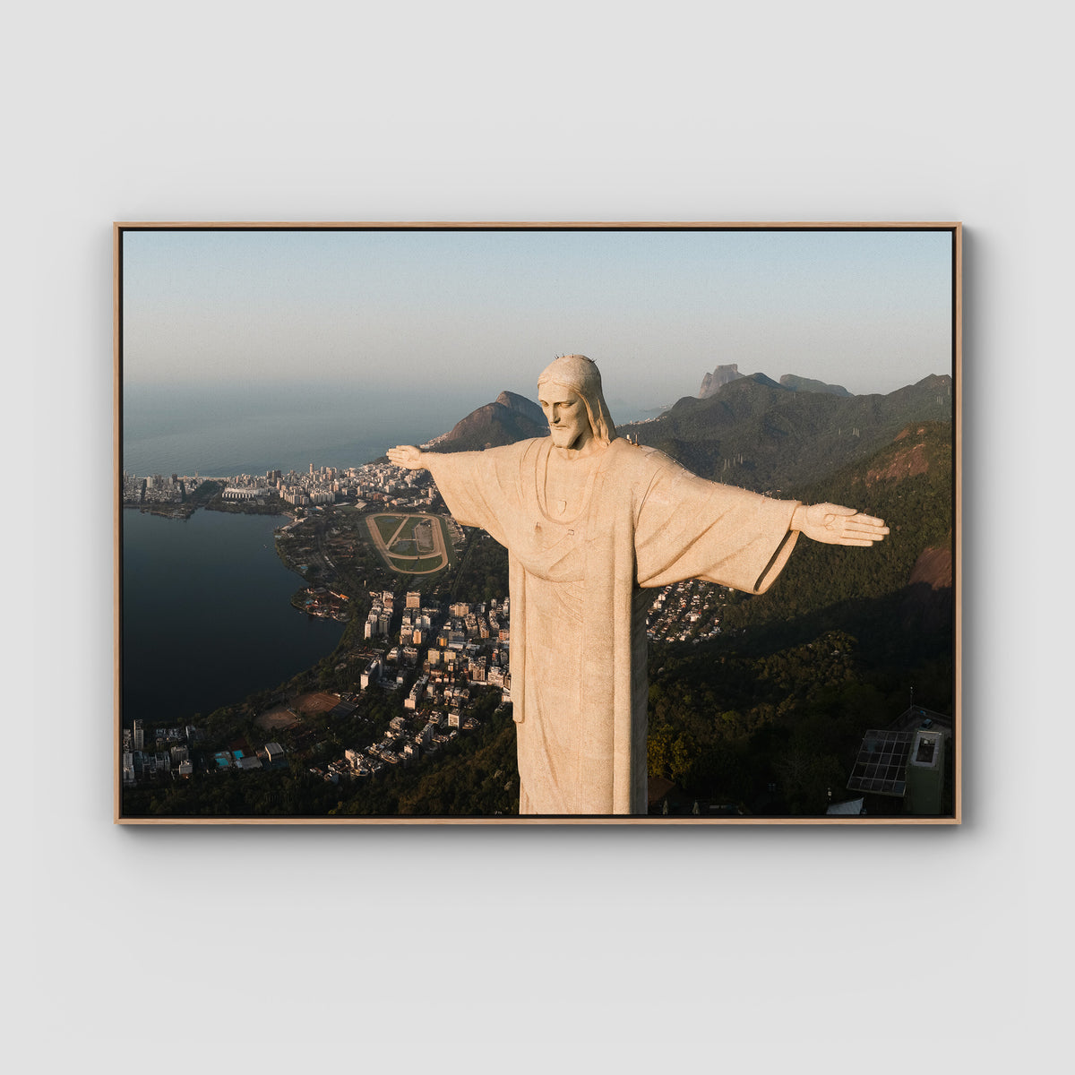 Cristo Redentor – First Light Over Rio Print - Float Frame Canvas - Raw Oak - Landscape