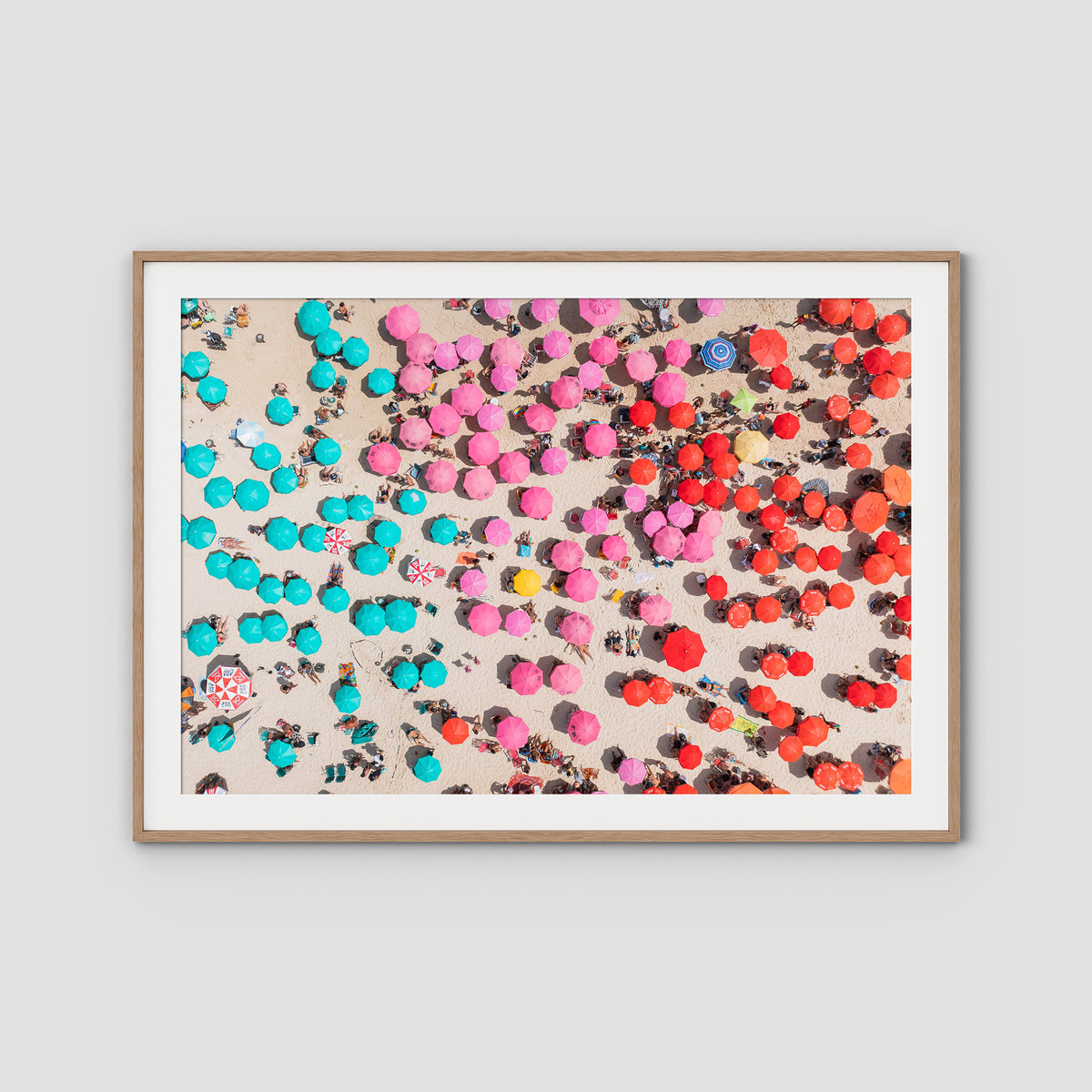 Ipanema Umbrellas – Colour Chaos Print - Traditional Frame - Raw Oak - Landscape