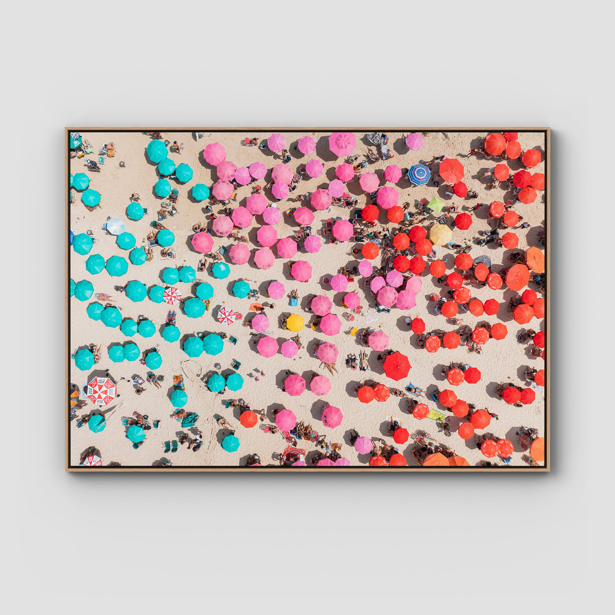 Ipanema Umbrellas – Colour Chaos Print - Float Frame Canvas - Raw Oak - Landscape