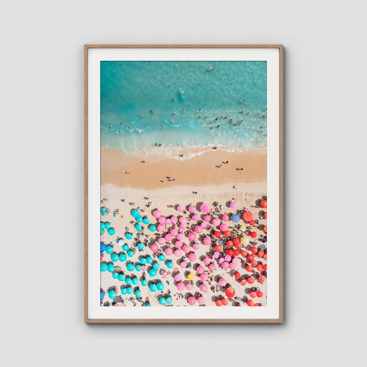 Ipanema Beach – Candy Umbrella Aerial Print - Traditional Frame - Raw Oak - Portrait