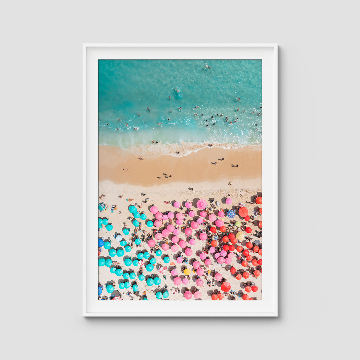 Ipanema Beach – Candy Umbrella Aerial Print - Traditional Frame - White - Portrait